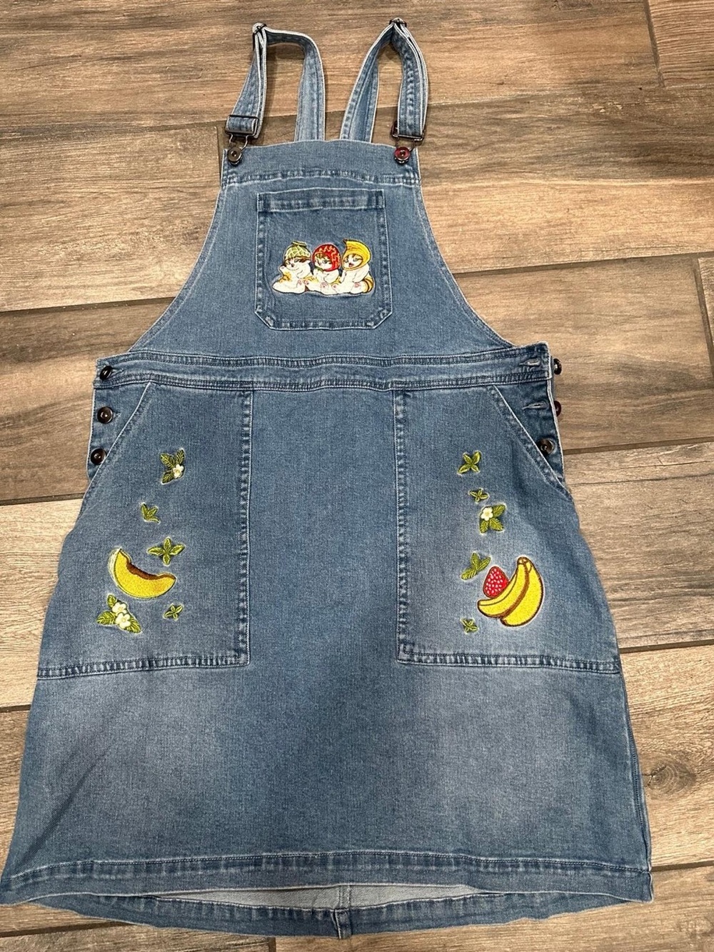 Mofusand Blue Denim Overall Dress with Fruit & Flower Patches